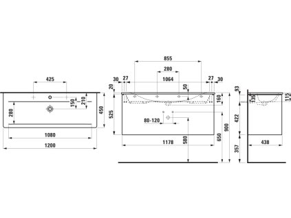LAUFEN PALACE - umyvadlo slim se skříňkou 120 cm, se 2 zásuvkami, vč. dělícího systému do zásuvek. Lze instalovat standardní nebo prostorově úsporný sifon H894250. S držákem z eloxovaného hliníku. (H860709) (Barva Bílá mat, Provedení 1 otvor pro baterii, středový)