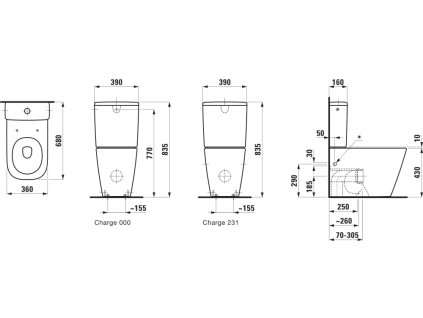 LAUFEN MEDA - stojící kombinační mísa, 'Silent flush', rimless, hluboké splachování, vodorovný/svislý odpad Vario (H824111) (Barva Bílá, Provedení standardní provedení)