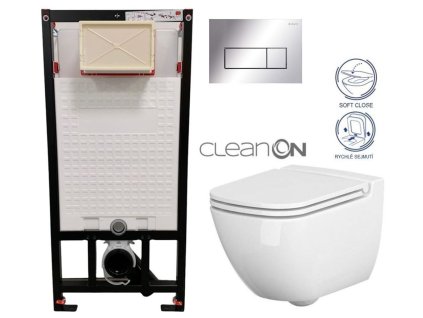 DEANTE Podomítkový rám, pro závěsné WC mísy + SLIM tlačítko chrom + WC CERSANIT CLEANON CASPIA + SEDÁTKO CST_WC01 051P CP1