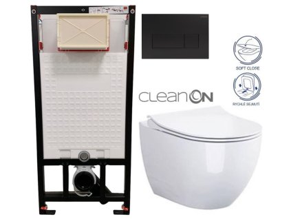 DEANTE Podomítkový rám, pro závěsné WC mísy + SLIM tlačítko černé + WC CERSANIT ZEN CLEANON + SEDÁTKO CST_WC01 N51P HA1