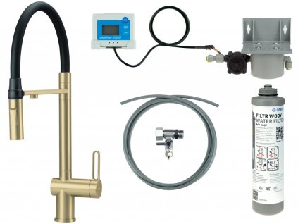 DEANTE - Magnetic baterie kuchyňská broušené zlato, se sadou pro filtraci vody, s elastickou hubicí; BRMFR75M