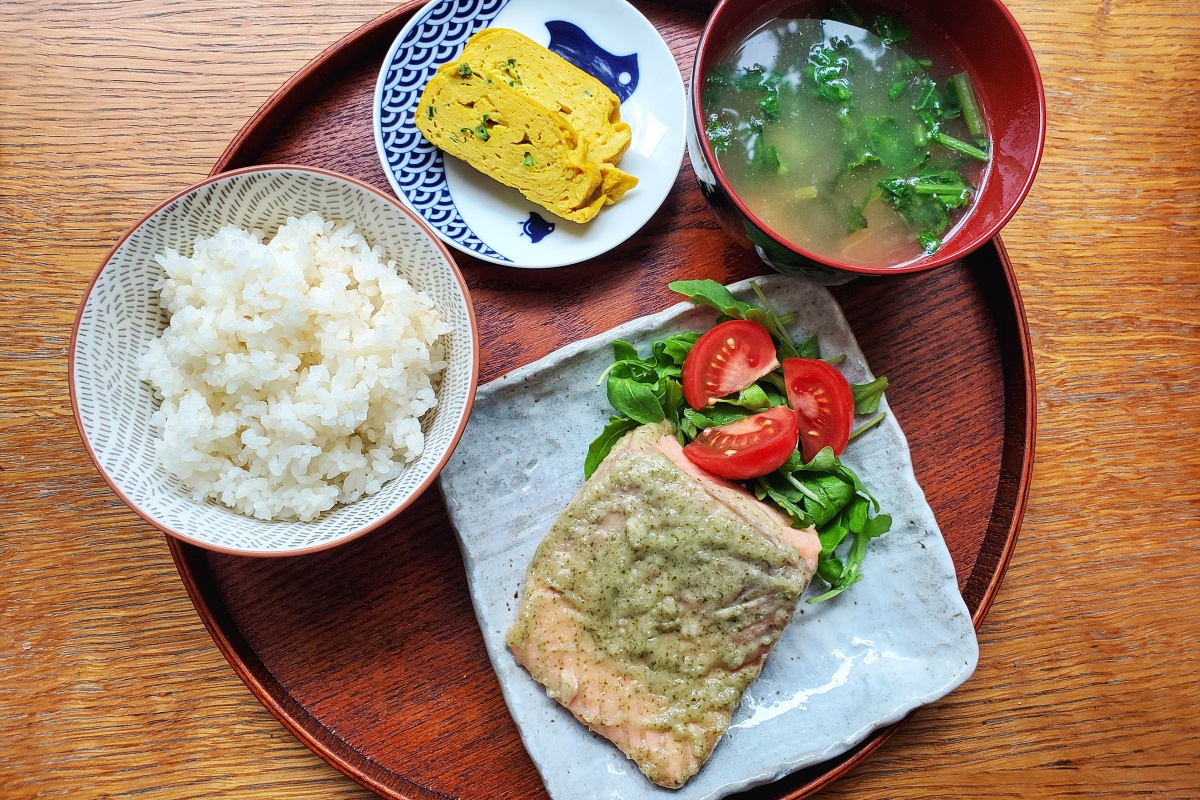 Mint koji & Japanese breakfast with steamed salmon