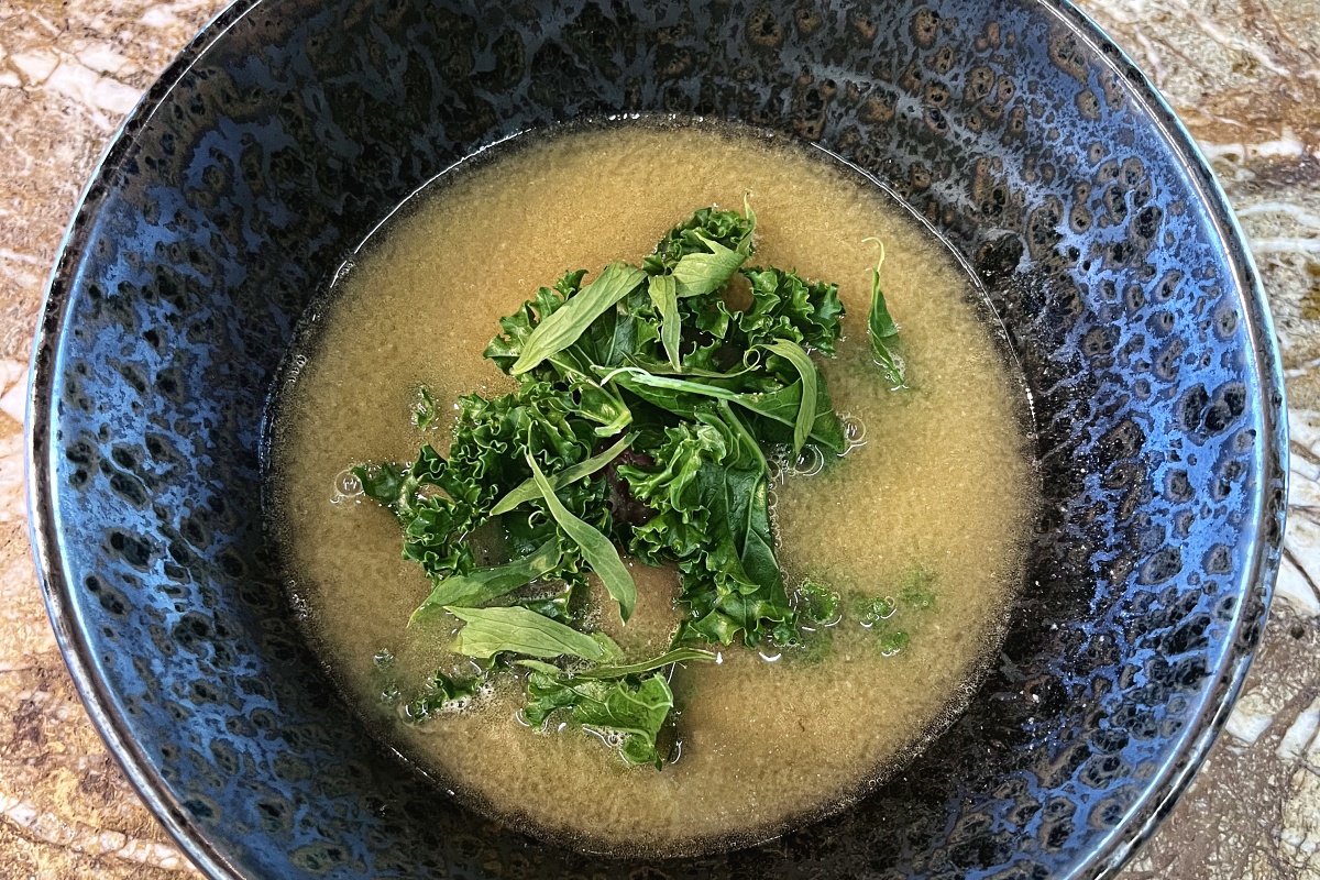 Barley soup with miso and smoked meat