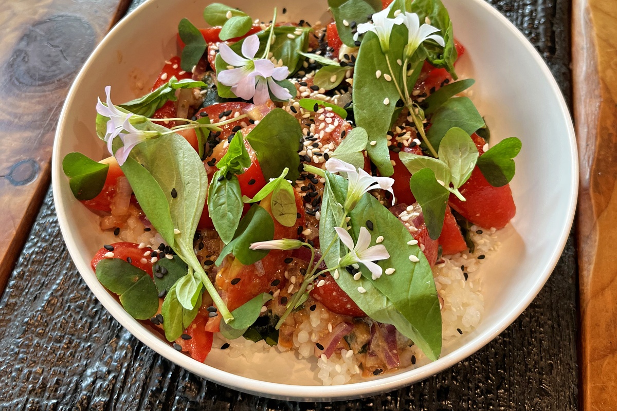 Tomato salad with rice and miso dressing