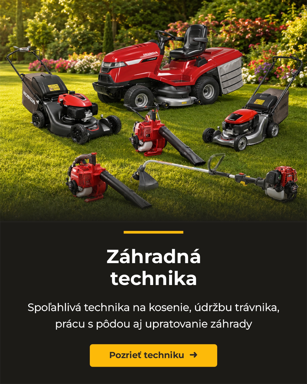 Technika na kosenie, údržbu trávnika, prácu s pôdou aj upratovanie záhrady