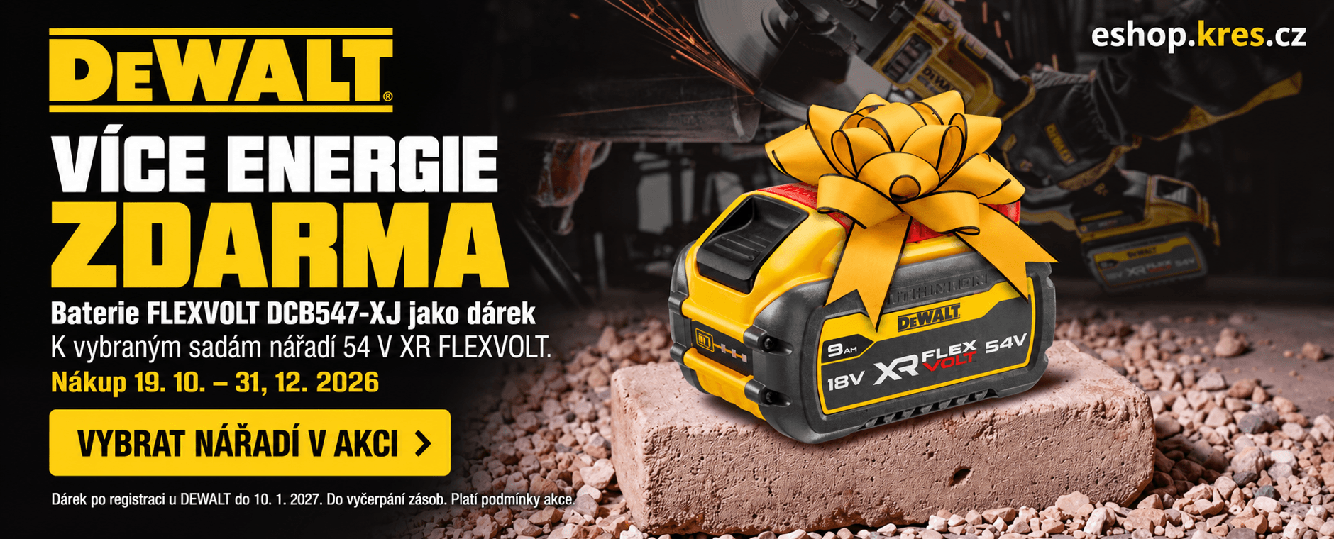 DeWALT – baterie FLEXVOLT DCB547-XJ jako dárek k vybraným sadám po registraci. Nákup do 31. 12. 2026. Do vyčerpání zásob.