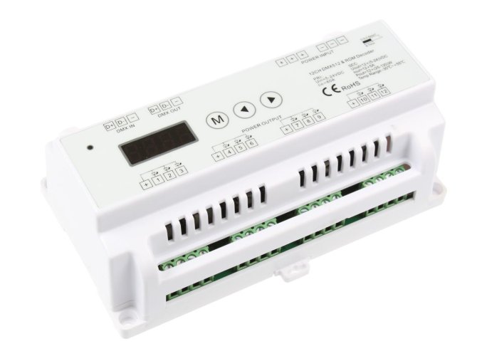 DMX dekodér na DIN lištu pro LED pásky, 12ti-kanálový