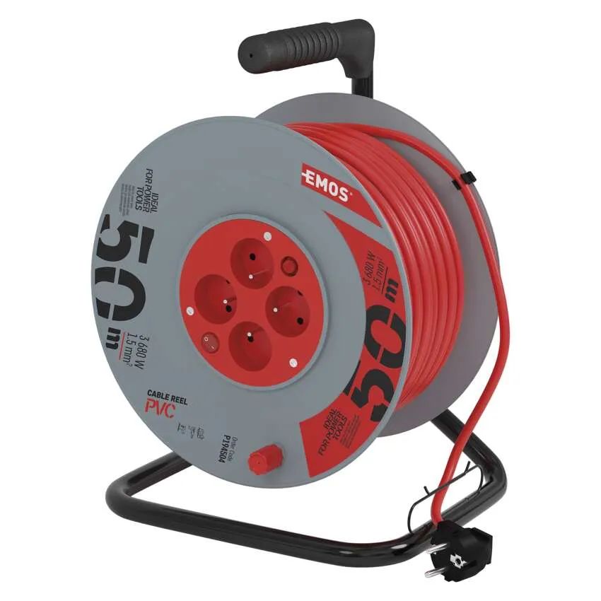 EMOS Červený prodlužovací kabel na bubnu 50m, 4 zásuvky, s vypínačem, PVC, 230V, 1.5mm2 P194504