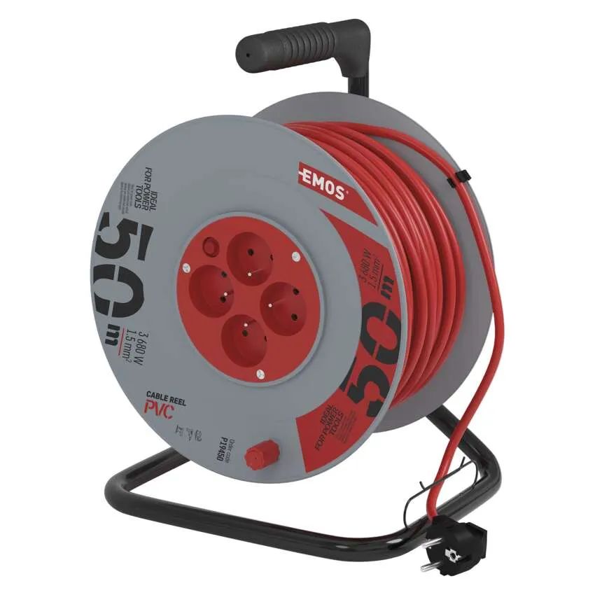 EMOS Červený prodlužovací kabel na bubnu 50m, 4 zásuvky, PVC, 230V, 1.5mm2 P19450