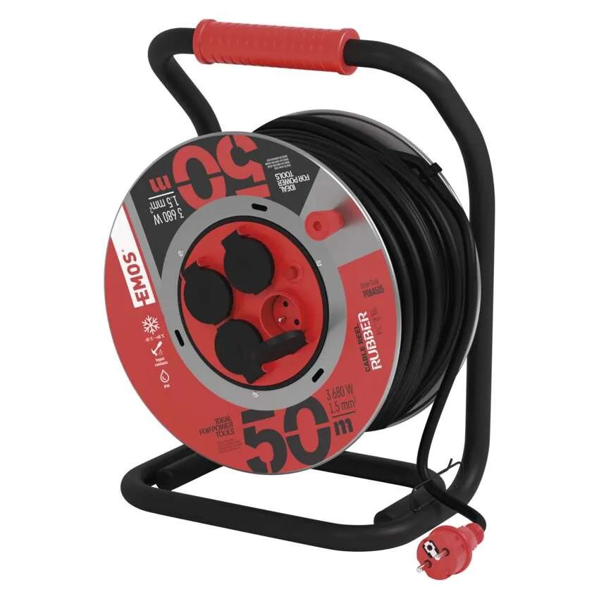 EMOS Černý venkovní prodlužovací kabel na kovovém bubnu 50m, 4 zásuvky, guma, 230V, 1.5mm2 P084505