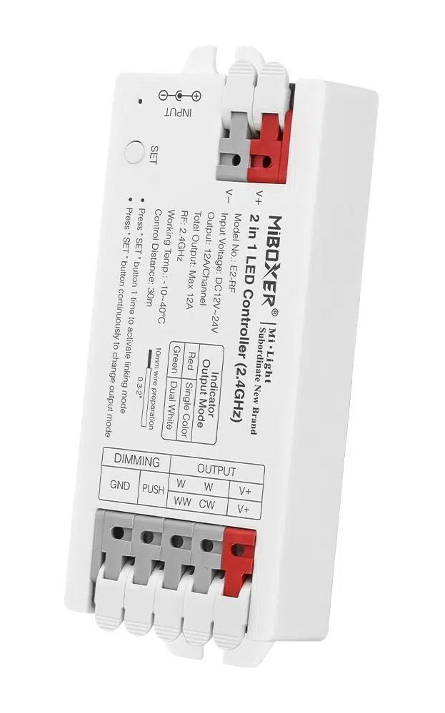 LED Solution Mi-Light MiBoxer RF Přijímač 2v1 pro jednobarevné a CCT LED pásky, bezšroubový E2-RF