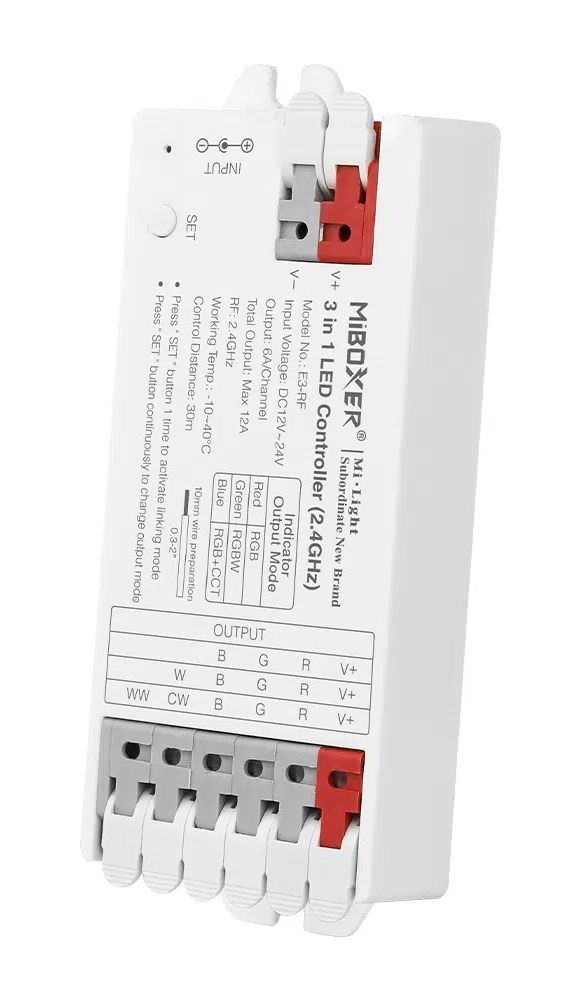 LED Solution Mi-Light MiBoxer RF Přijímač 3v1 pro RGB, RGBW, RGB+CCT LED pásky, bezšroubový E3-RF