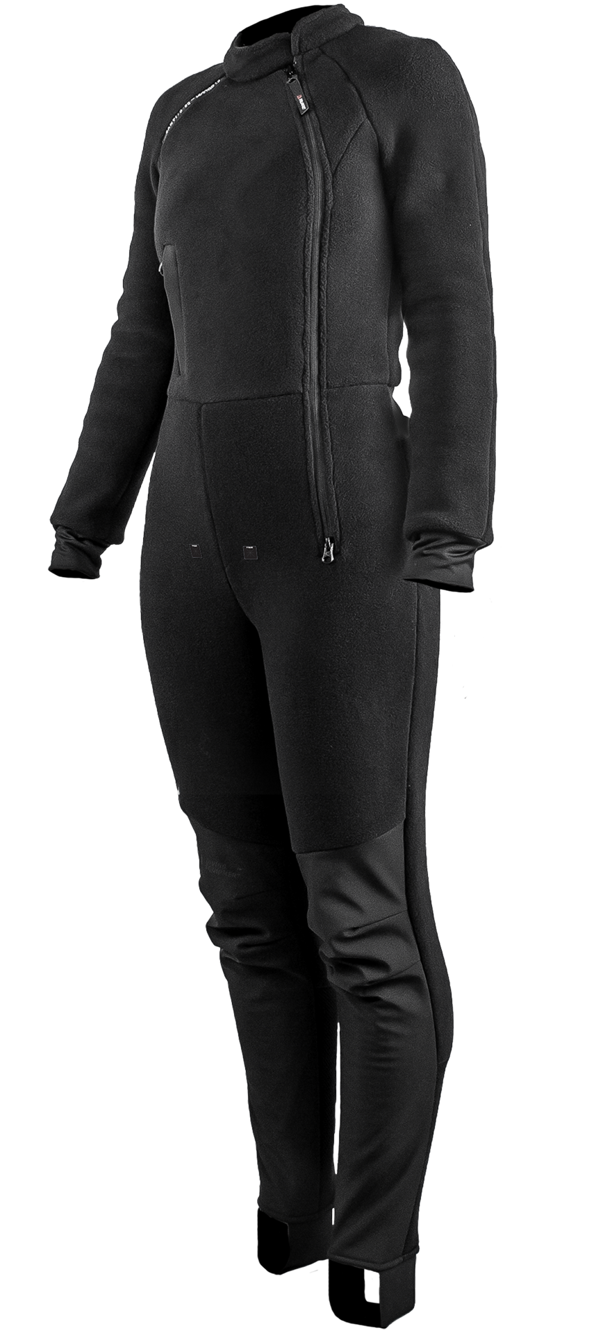 Detail asymetrického vedenia zipsu a spevnených zón v oblasti kolien, ktoré zvyšujú mechanickú odolnosť podobleku.