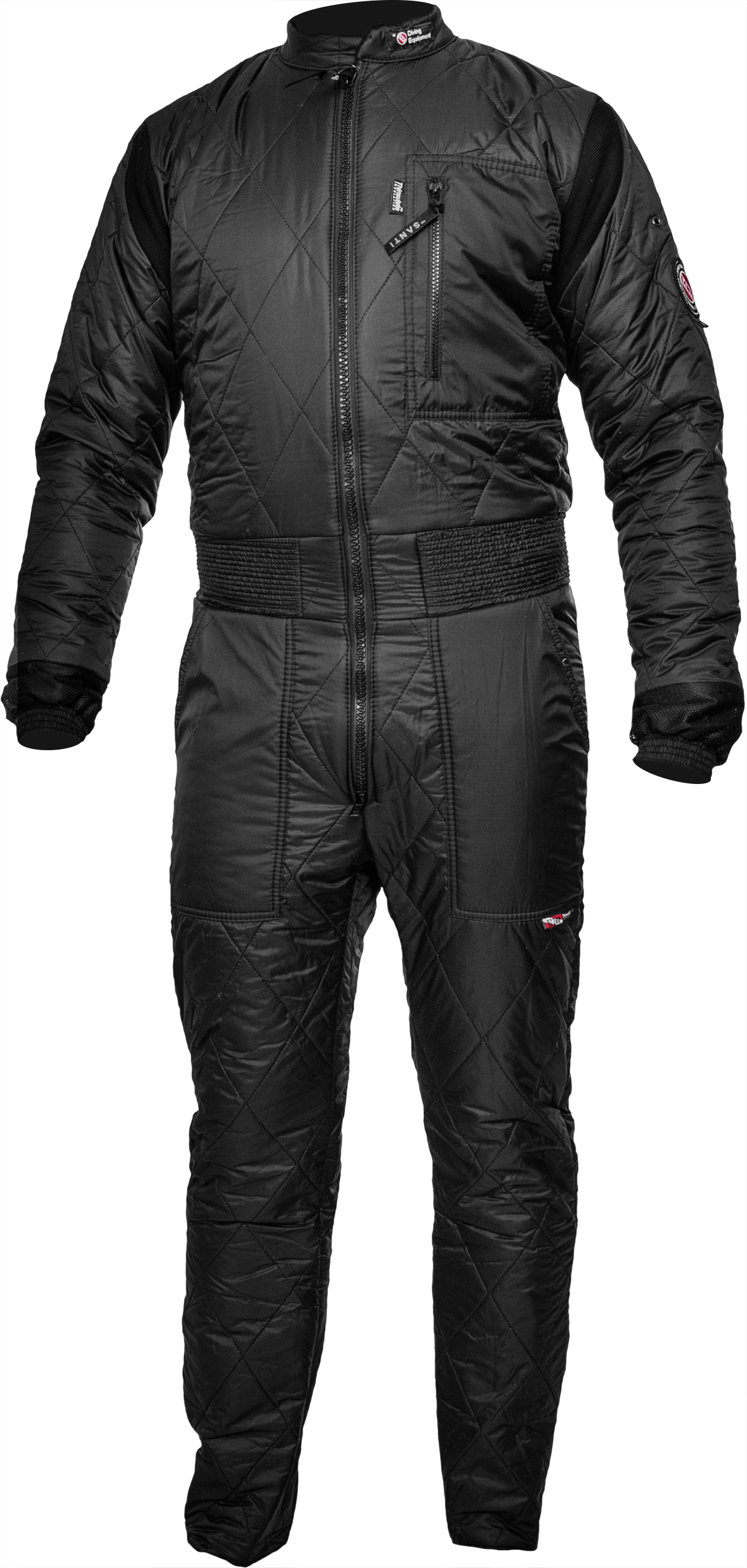 Detail hrudnej časti s obojsmerným zipsom a technickým vreckom so zosilneným lemovaním pre uloženie príslušenstva.