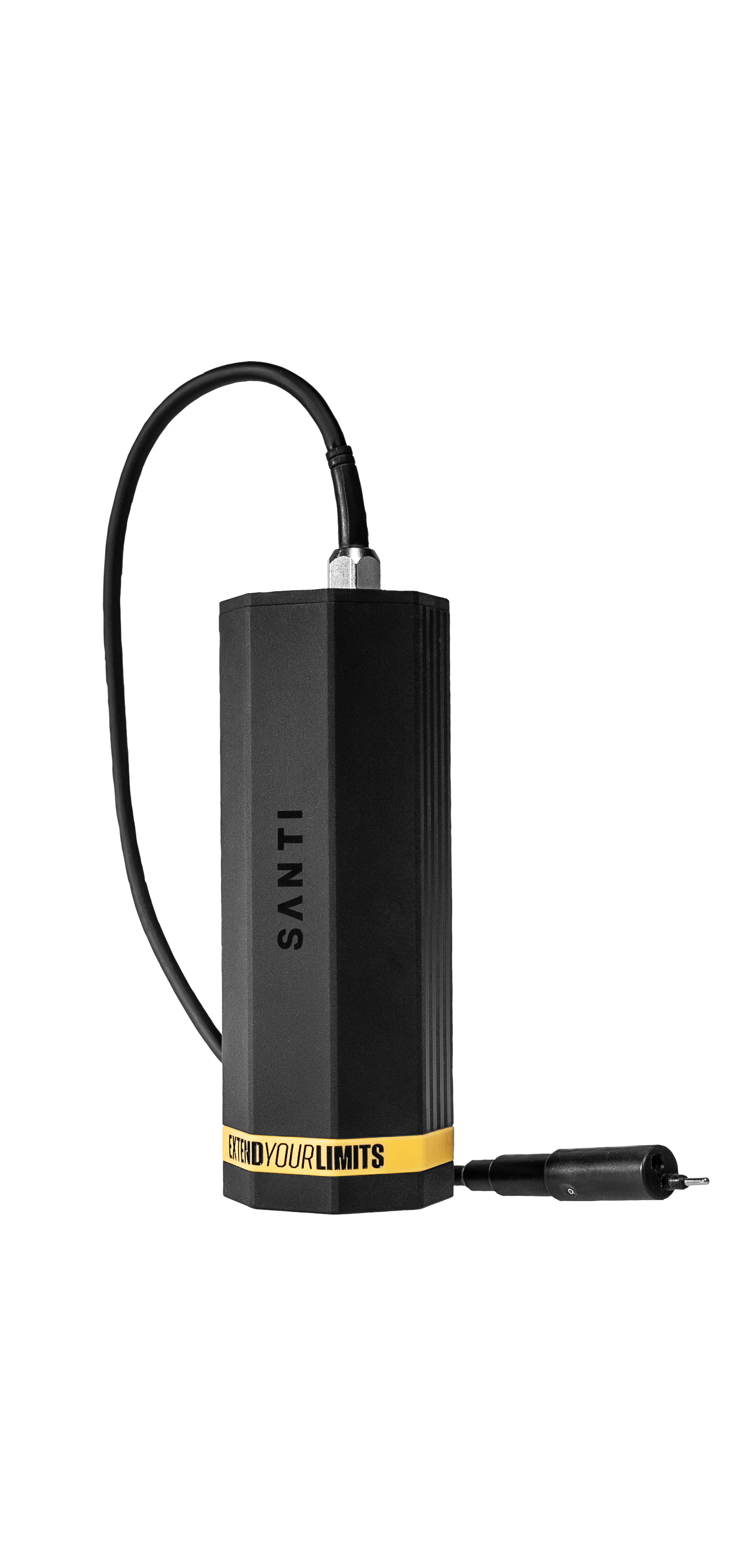 Detail spodnej časti akumulátora s nápisom 'Extend Your Limits' a drážkovaným povrchom pre lepšiu manipuláciu v rukaviciach.