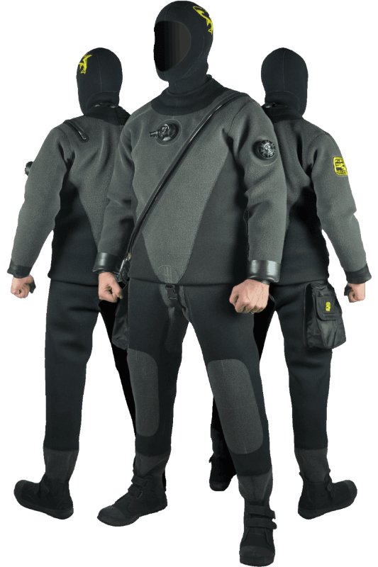 Detail technických vreciek na stehnách s integrovanými D-krúžkami a zosilnené panely v oblasti kolien pre ochranu pri kontakte s dnom.