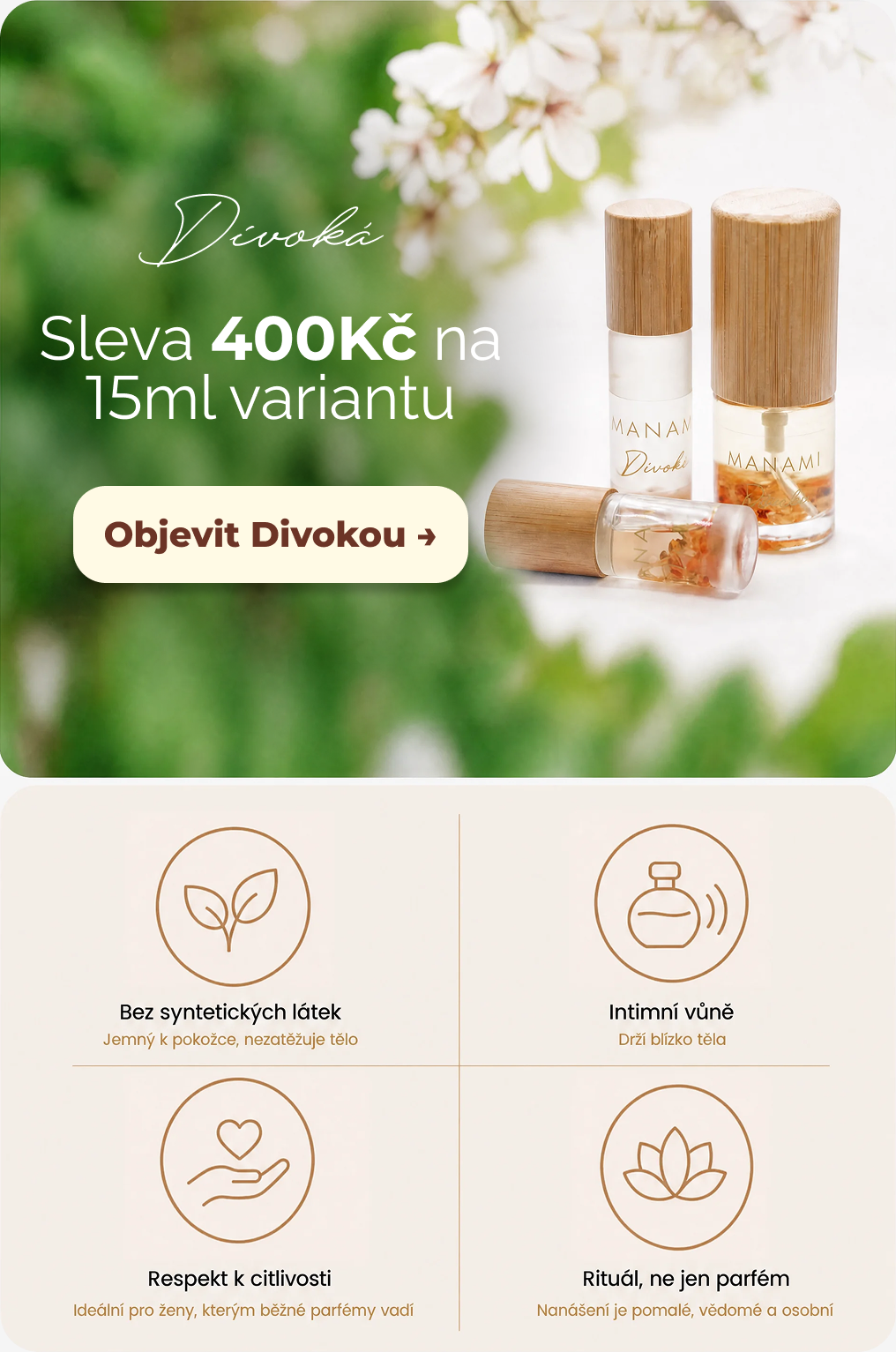 Čtyři přírodní olejové parfémy MANAMI s bambusovými víčky držené v dlani