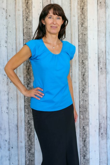 Tričko s řaseným výstřihem Ester / Azurová