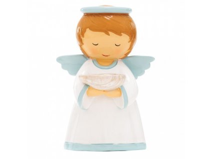 Soška anjelik s krstiteľnicou modrý