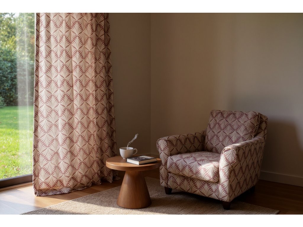 A cozy and serene reading nook bathed in soft, diffused sunlight filtering through patterned mauve and cream curtains; a plush, oversized armchair sits