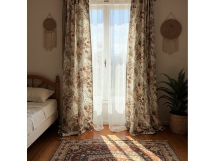 Sun drenched bohemian bedroom interior, the focus on a set of elegantly draped curtains with a subtle botanical print, bathed in soft, diffused light fi