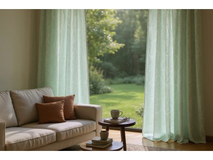 An airy, sun drenched living room featuring flowing, pale green curtains cascading from a hidden rod, framing a wide window overlooking a l