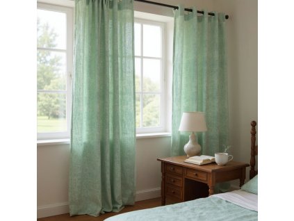Sun drenched bedroom featuring floor to ceiling, soft, seafoam green linen curtains billowing gently in the breeze from an open window, casting diffused li