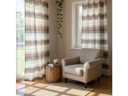 A cozy, sun drenched reading nook featuring floor to ceiling windows dressed with flowing, horizontally striped curtains in soft blues, browns, and crea
