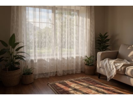 Sun drenched living room scene during the golden hour, sheer white curtains gently billowing in the breeze from an open window, casting soft, diffused lig