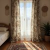 Sun drenched bohemian bedroom interior, the focus on a set of elegantly draped curtains with a subtle botanical print, bathed in soft, diffused light fi