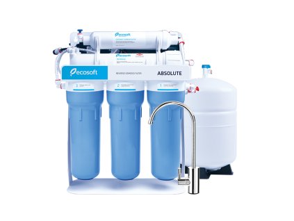 ecosoft absolute reverse osmosis filter on metal rack with pump