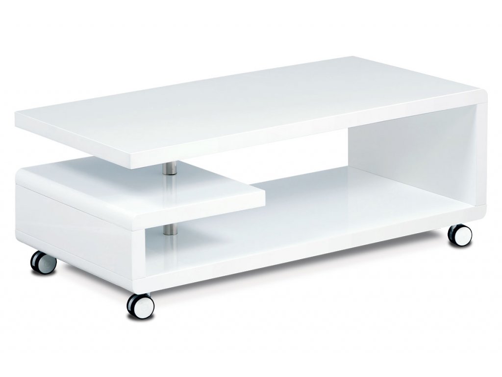 Konferenční stolek 115x60x45, bílá MDF vysoký lesk, chrom, 4 kolečka