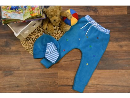 SET kalhoty, čepička, šátek tyrkys s barevnými hvězdičkami