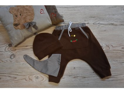 SET kalhoty, čepička, šátek hnědé s kapsičkou a smailíkem