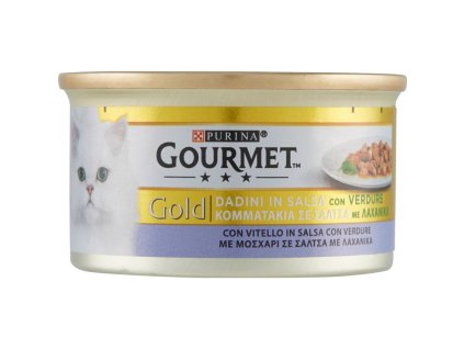 GOURMET Gold Gatto_Vitello e Verdure,Dadini GR.85-masové kousky kočka.Telecí maso a zelenina, plech  24