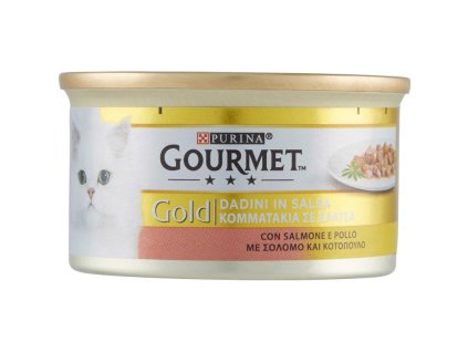 GOURMET Gold Gatto_Salmone e Pollo, Dadini GR.85 - masové kousky kočka.Kuřecí maso a losos, plech 24