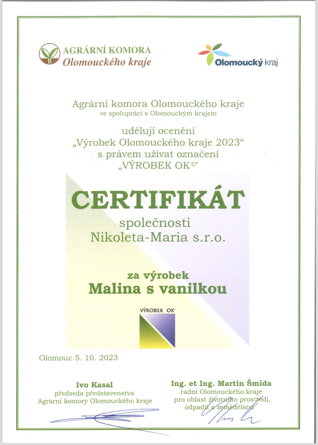 Certifikát - výrobek Malina s vanilkou