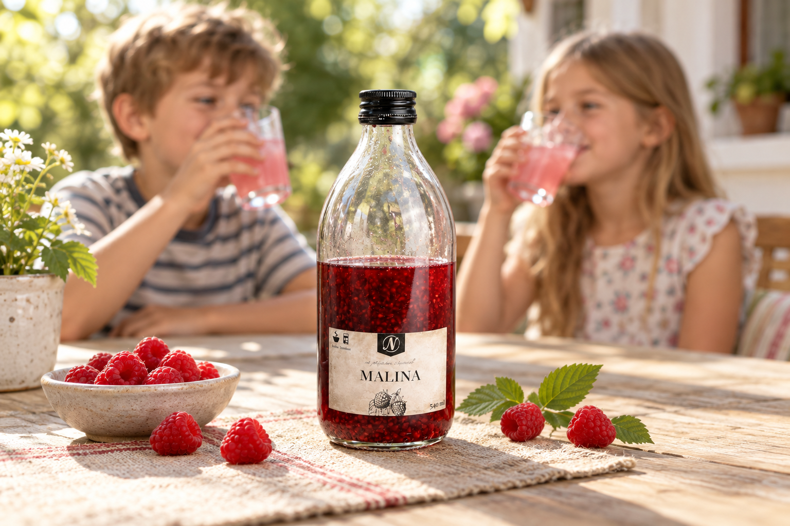 Poloplná lahev Limonety Malina v popředí, v jemně rozostřeném pozadí děti pijí limonádu ze sklenic.