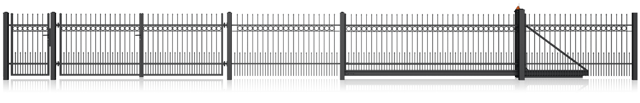 Ukázka sestavy plotu Kovaný plot 10-12 — branka, plotové pole a brána v antracitu