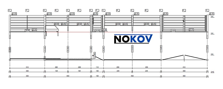 Výkres hliníkového plotu s vyznačenými rozměry, výškou a umístěním branky a brány