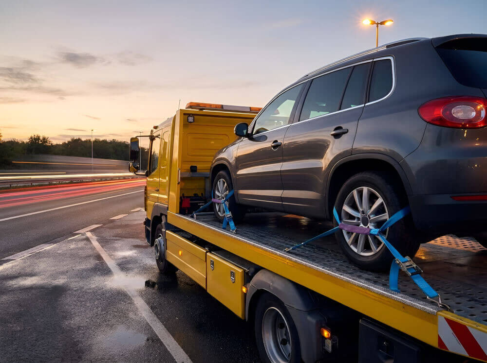 Servizio di soccorso stradale che trasporta un veicolo fissato tramite cinghie a tre punti per bisarche