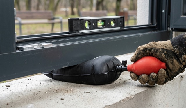 Detailní záběr ruky v rukavici, která plynule nafukuje polštářek pod rámem okna a vyrovnává jej