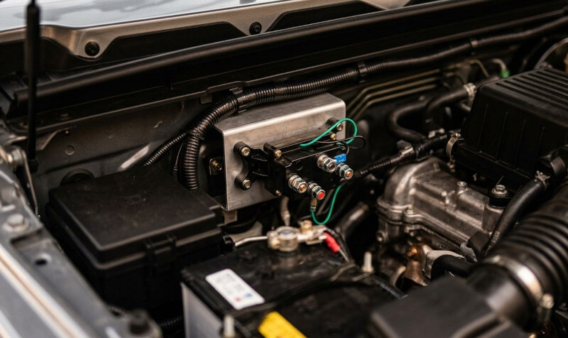 Detail der Relais-Montage unter der Motorhaube eines leichten Geländewagens - Relais für Seilwinde Dragon Winch ATV 250A
