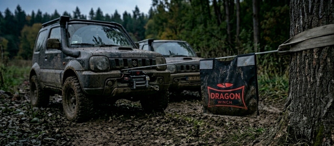 Bezpečnostní deka na lano v akci Bezpečnostní deka na lano Dragon Winch správně umístěná na navijákovém laně