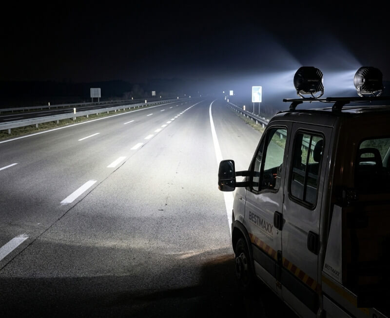 Detailní záběr na přídavné dálkové LED světlo s duálním pozičním světlem namontované na přední masce černého off-roadu v noci. Výkonný paprsek světla prořezává tmu a jasně osvětluje lesní cestu stovky metrů dopředu. - Přídavné dálkové LED světlo s duálním pozičním světlem, 164W, 15000Lm, IP69K, R10, R148, R110