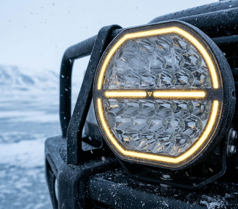 Pohled na expediční vozidlo jedoucí v náročném terénu skrz hluboké bláto a stříkající vodu. Na střeše vozu jsou namontována přídavná dálková LED světla s duálním pozičním světlem, která bez problému fungují i v tomto extrémním prostředí a demonstrují odolnost IP69K. - Přídavné dálkové LED světlo s duálním pozičním světlem, 164W, 15000Lm, IP69K, R10, R148, R110