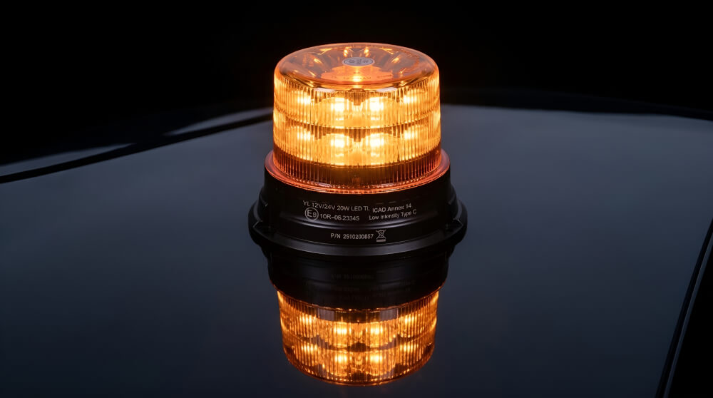 Detailní pohled na svítící oranžový LED maják s krytím IP67 za nočních podmínek