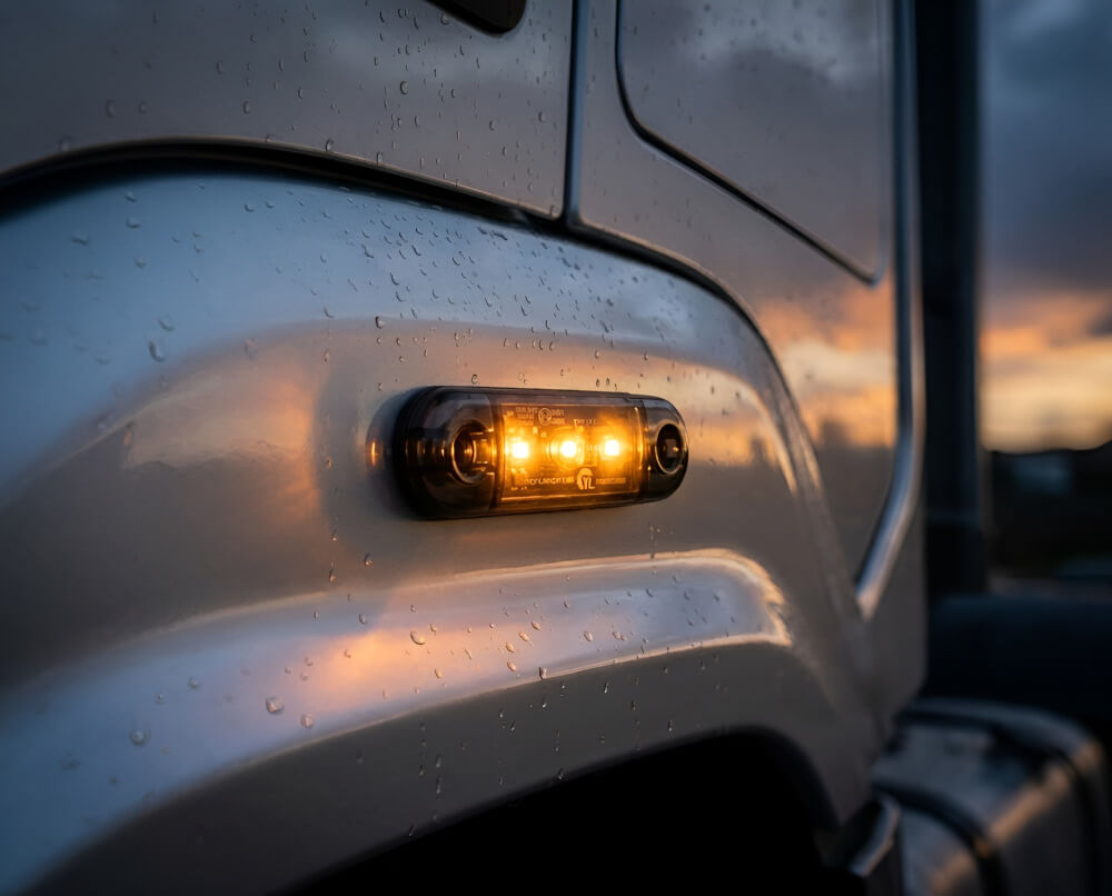 Oranžové LED obrysové světlo s krytím IP67 namontované na boku vozidla - Oranžové LED obrysové světlo 12V/24V, IP67, R10, R148, 3LED