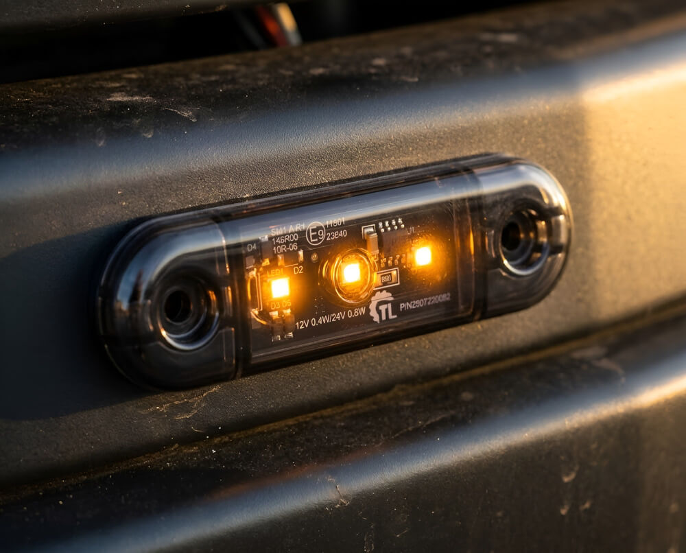 Detail 3 LED diod pod kouřovým sklem pro oranžové LED obrysové světlo - Oranžové LED obrysové světlo 12V/24V, IP67, R10, R148, 3LED