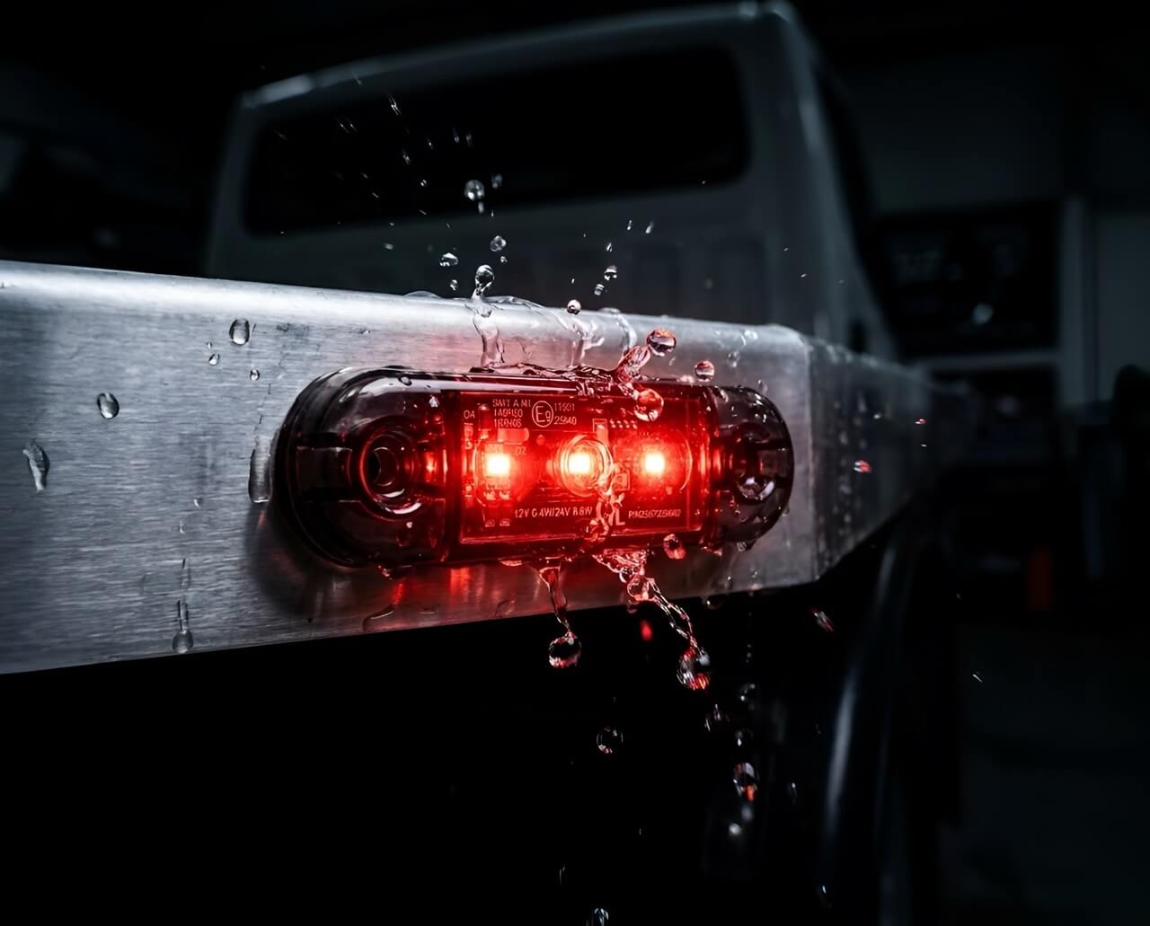 Červené LED obrysové světlo s krytím IP67 namontované na černém návěsu - Červené LED obrysové světlo 12V/24V, IP67, R10, R148, 3LED